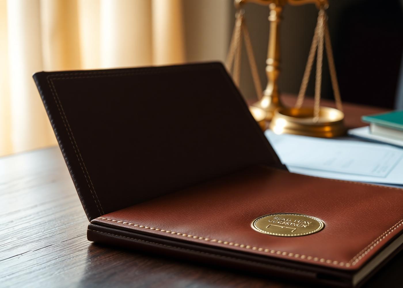 Leather-bound expert forensic report with gold seal beside brass scales of justice representing expert witness testimony