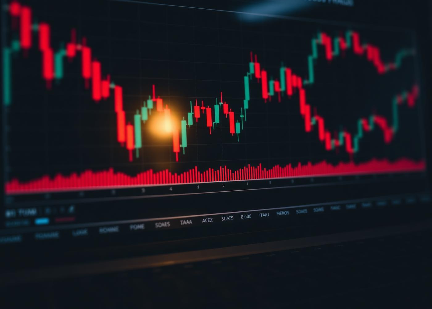 Cryptocurrency trading chart with red warning candles representing investment fraud and pig butchering scam analysis