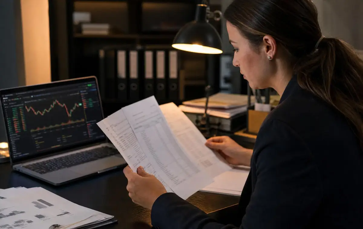 Investigator reviewing trading platform charts while documenting crypto investment fraud and pig-butchering scam losses for a client case file